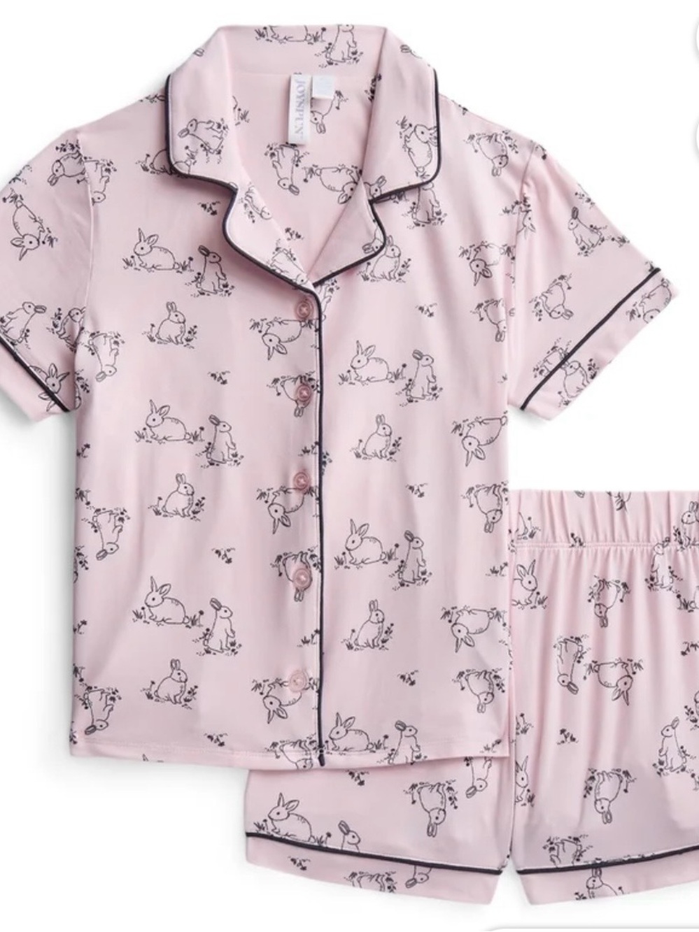Girls' Pink Bunny Short Pajama Set with Contrast Piping
